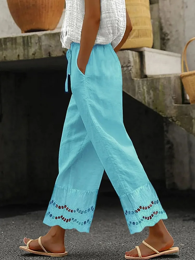 Women's Lace Splicing Art Linen Blend Casual Pants