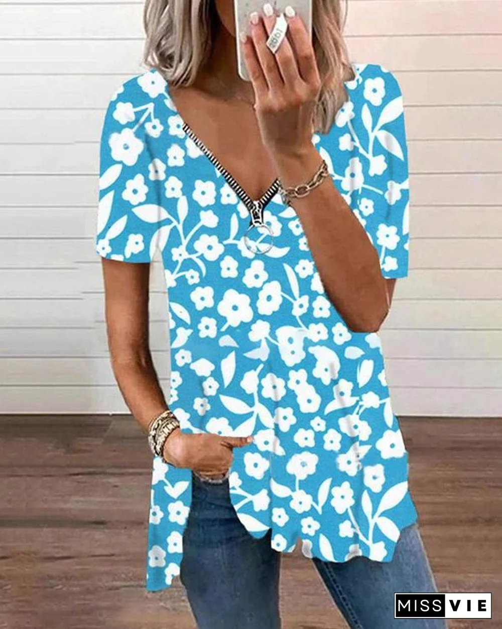 Zipper Flower Print Short Sleeve Tops