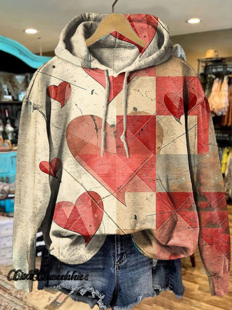 Vintage Heart Print Casual Hoodie Sweatshirt Multicolor / S