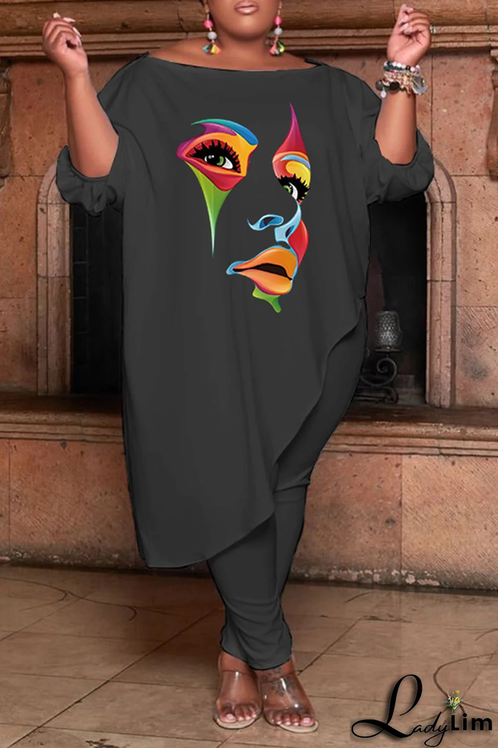 Tangerine Red Fashion Print Patchwork O Neck Plus Size Two Pieces