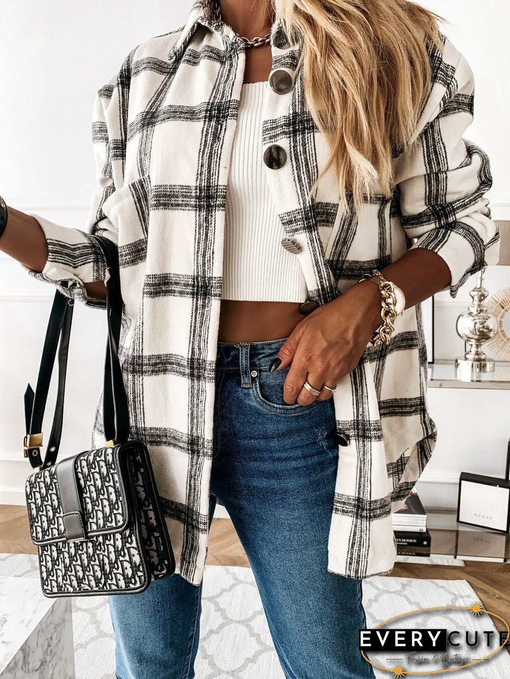 Oversize Women'S Plaid Shirt Jackets Long Sleeve Ladies Tops Outwear Spring Autumn Loose Women Blends Check Buttons Coats