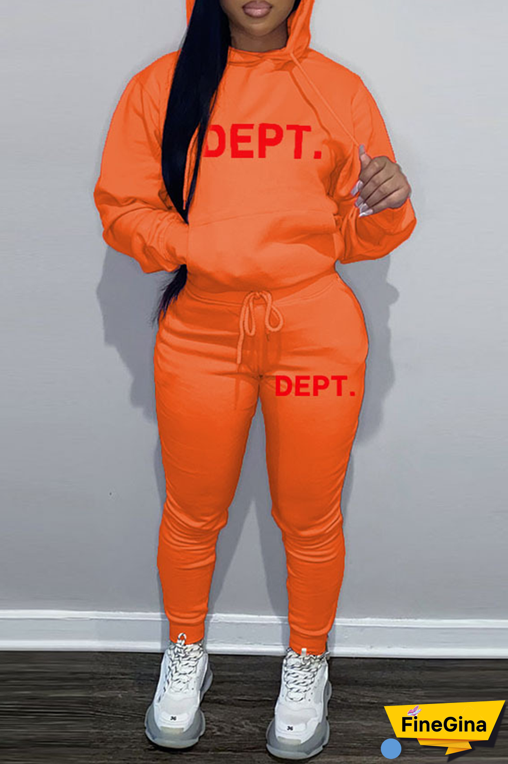 Brown Street Vintage Print Draw String Letter Hooded Collar Long Sleeve Two Pieces