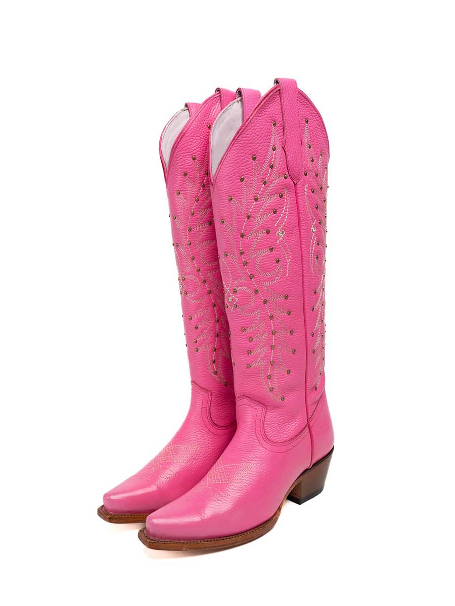 Pink Vegan Leather Snip Toe Embroidered Studded Knee High Western Boots 
