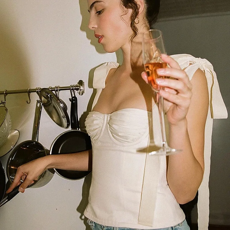 WannaThis Spaghetti Strap Slash Neck Chiffon Camisole Women Sleevesless Casual Camisole Ruffles Backless BOW Bandage Crop Top