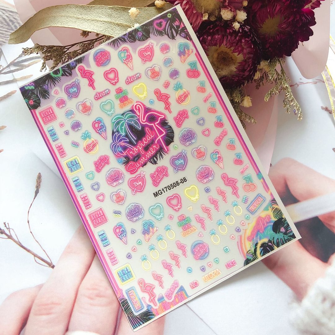 New Style Cartoon Nail Stickers Decals Neon Light Flamingo Teddy Bear Pattern Self Adhesive Nail Art DIY Manicure Decorations