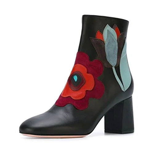 Black Flower Block Heel Ankle Boots Vdcoo