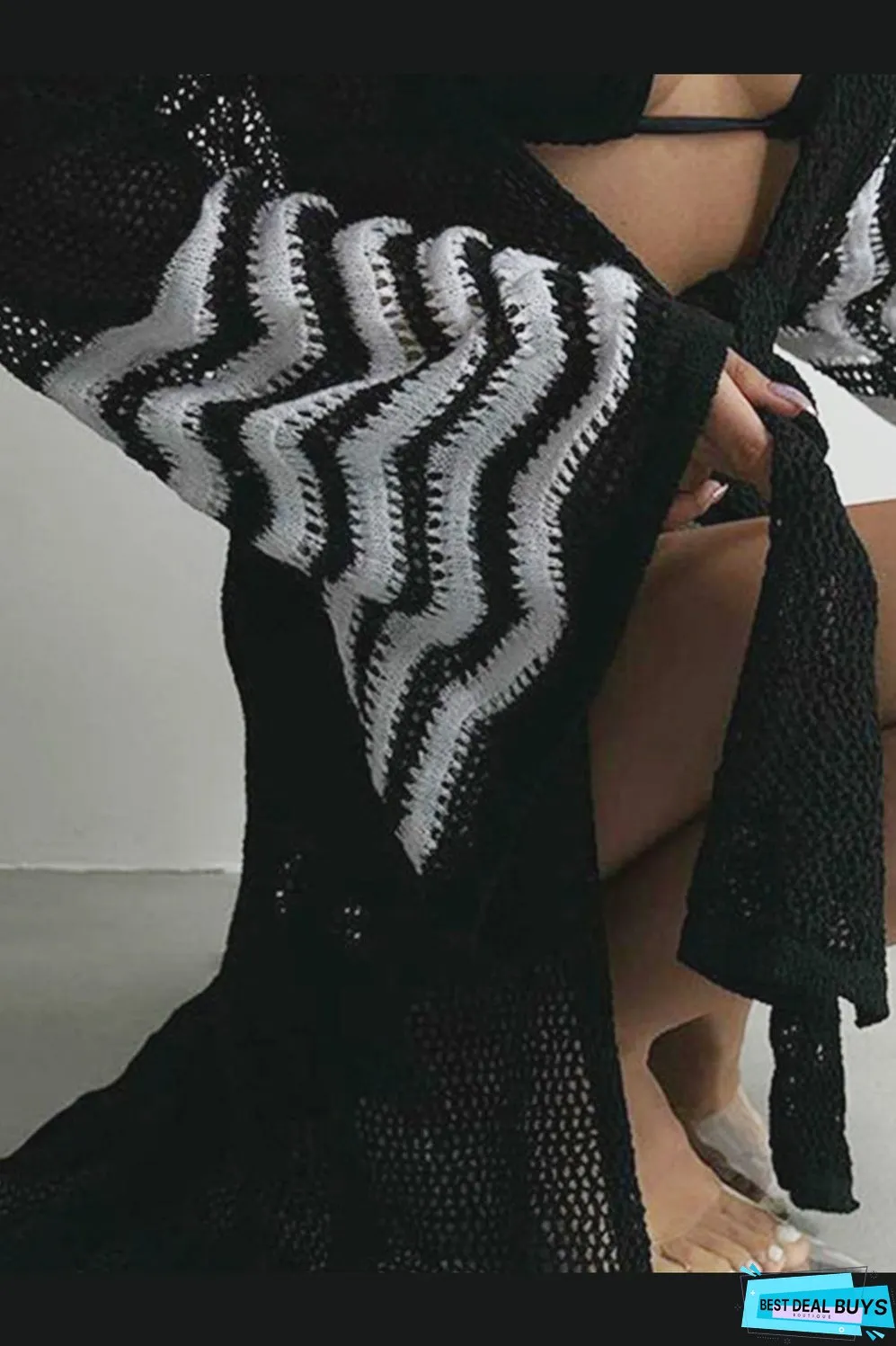 Openwork Striped Flare Sleeve Cover-Up
