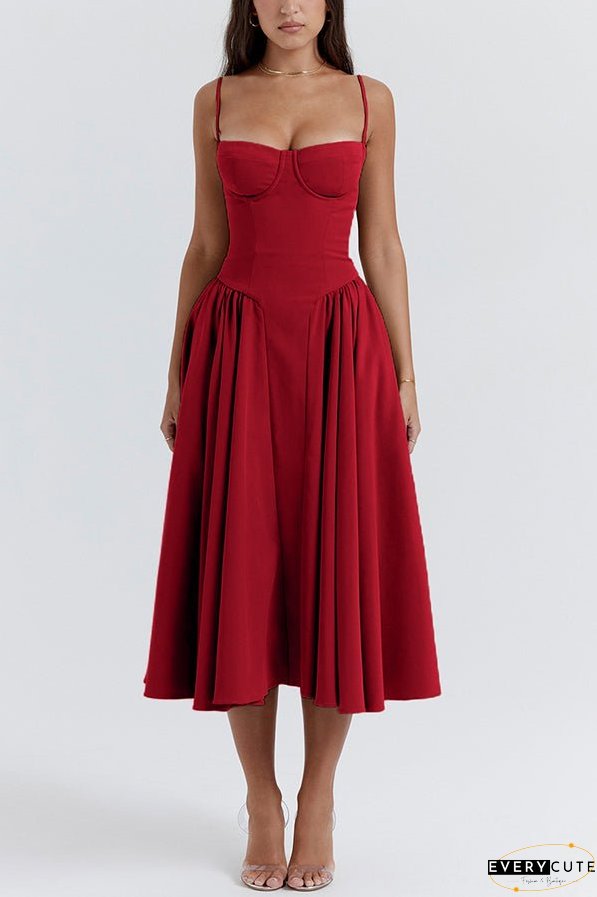 Solid Color Vintage Slim Fit Suspender Pocket Midi Dress
