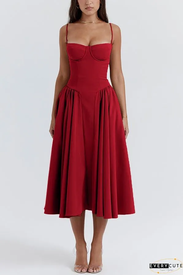 Solid Color Vintage Slim Fit Suspender Pocket Midi Dress