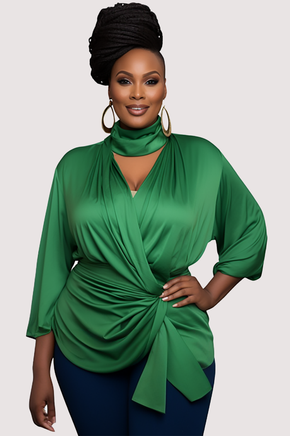 Design Plus Size Daily Green Spring Summer Mock Neck 3/4 Sleeve Fold Knitted Tops [Pre-Order]