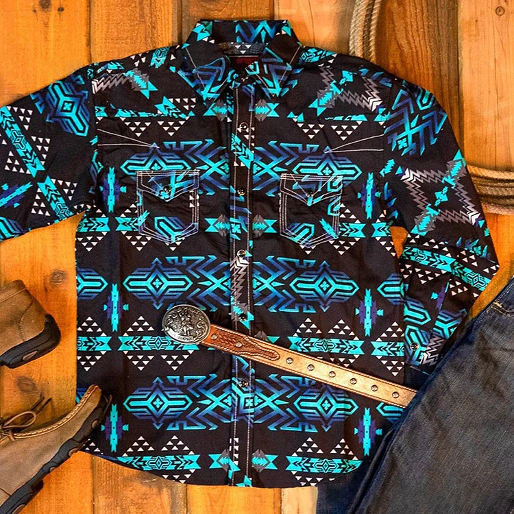 Blue And Black Geometry Western Print Shirt