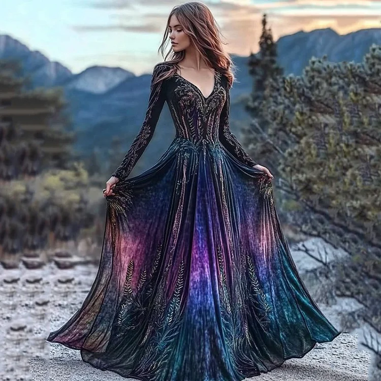 Women's Viking Purple Gradient Pattern V Neck Long Sleeve Maxi Dress