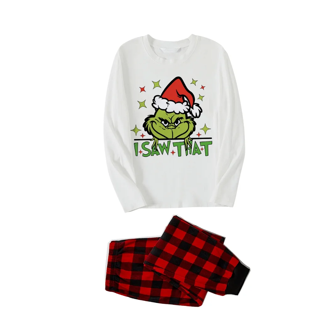Cartoon Pattern and "I Saw that" Text Printed Red & Black Plaid Family Matching Pajamas