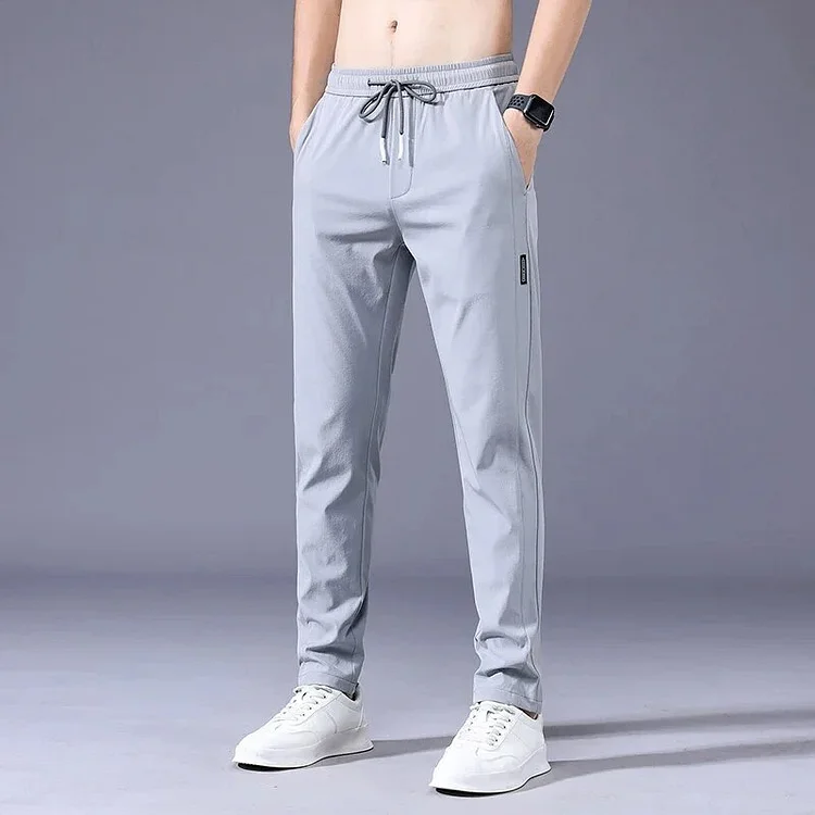 Mingyejia Summer Men's Casual Pants Thin Soft Elasticity Lace-up Waist Solid Color Pocket Applique Korea Grey Black Work Trousers Male 38