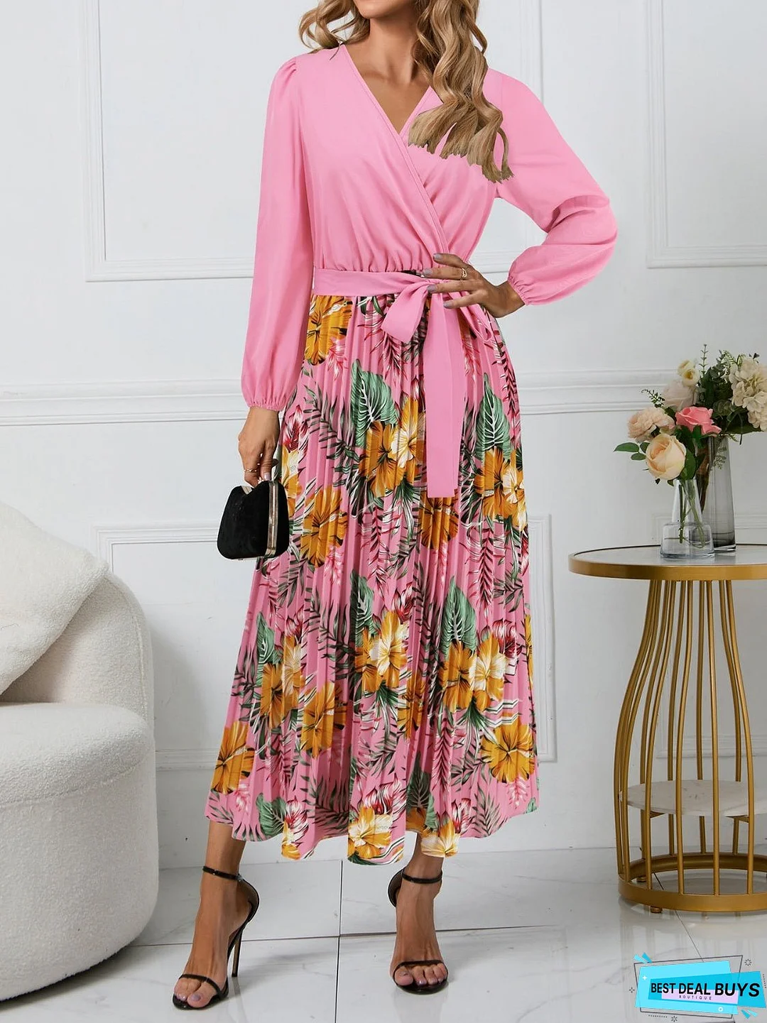 Pleated Printed Surplice Long Sleeve Dress