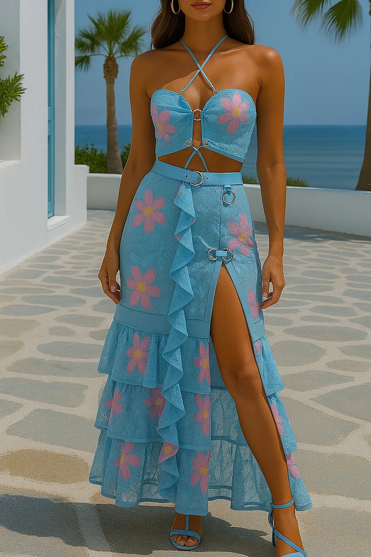 Halter Crop Top Floral Pattern Ruffled Slit Lace Maxi Skirt Set-Blue [Pre Order]