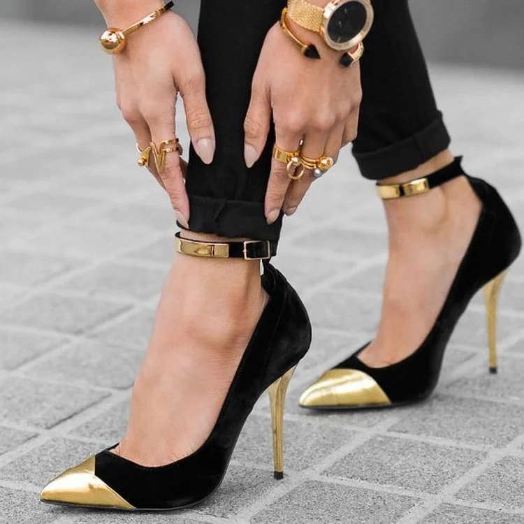 Black Gold Ankle Strap Heels Pointed Toe Stiletto Pumps Shoes