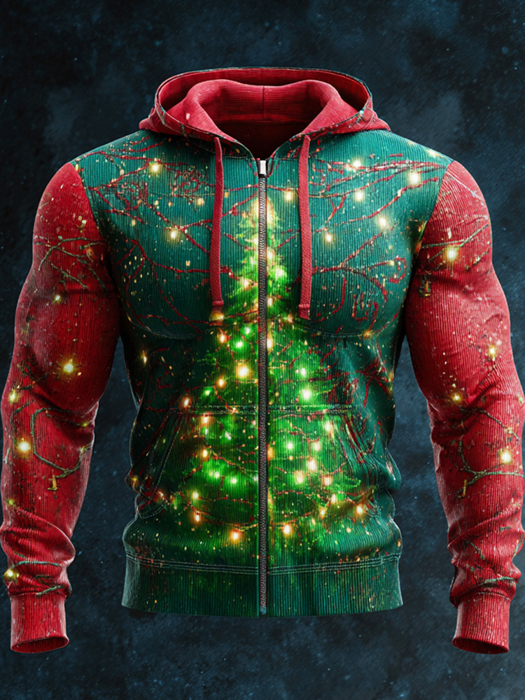 Vintage Glowing Christmas Tree Men's Zipper Hoodie elevenforest