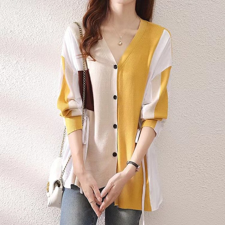 Knitted Paneled Casual Long Sleeve Shirts & Tops QueenFunky