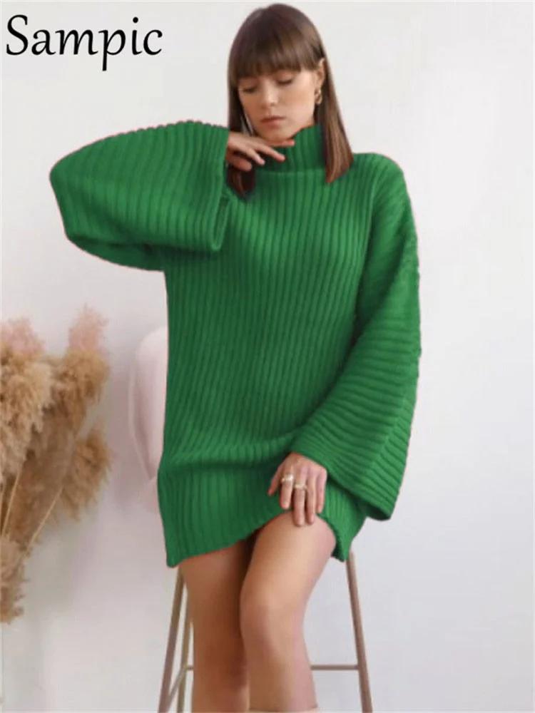 Sampic Korean Fashion Oversized Knitted Casual Winter 2021 Pullover Loose Long Sweater Tops Sexy Turtleneck Party Sweater Dress