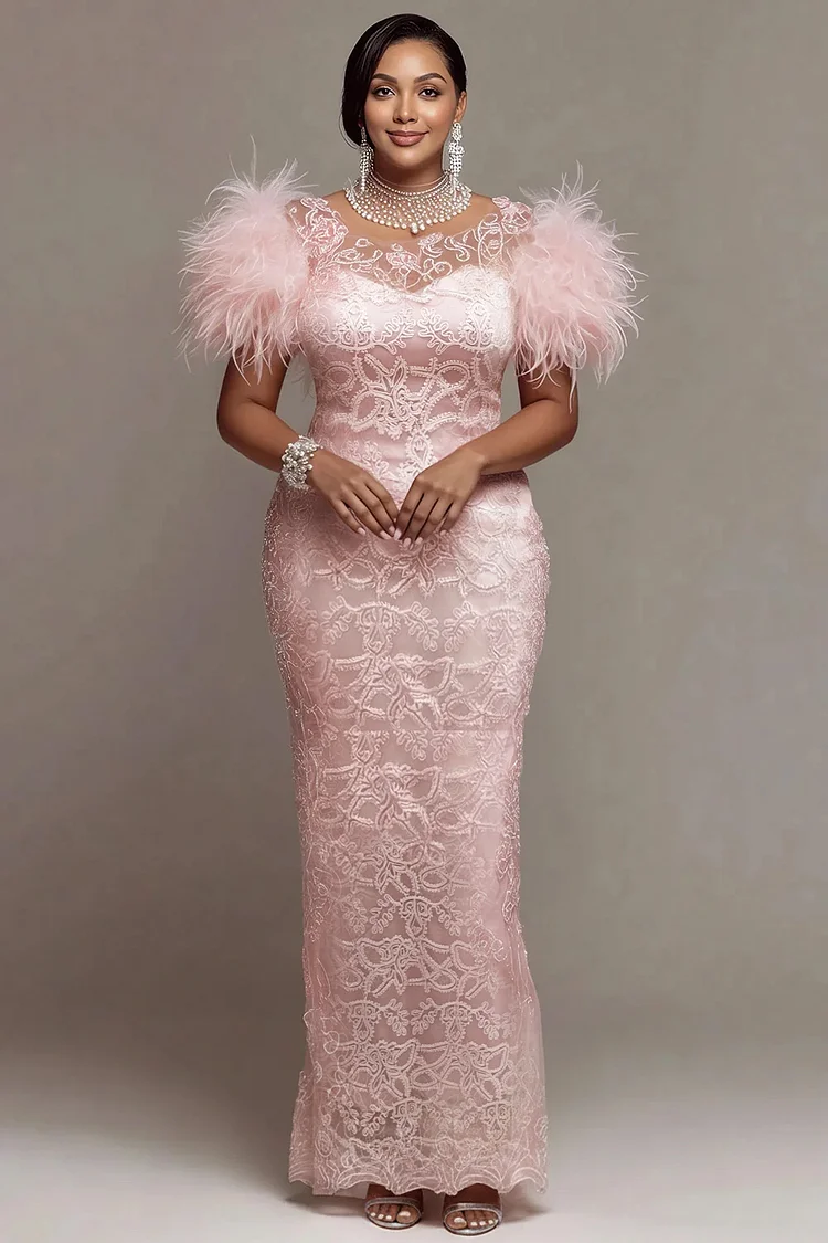 Xpluswear Design Plus Size Formal Pink Round Neck Short Sleeve Feather See Through Lace Maxi Dresses 2024 - Xpluswear