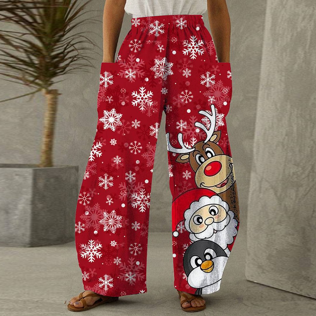 Christmas Style Snowflake Print Cute Santa Reindeer Penguin Ladies Wide Leg Pants