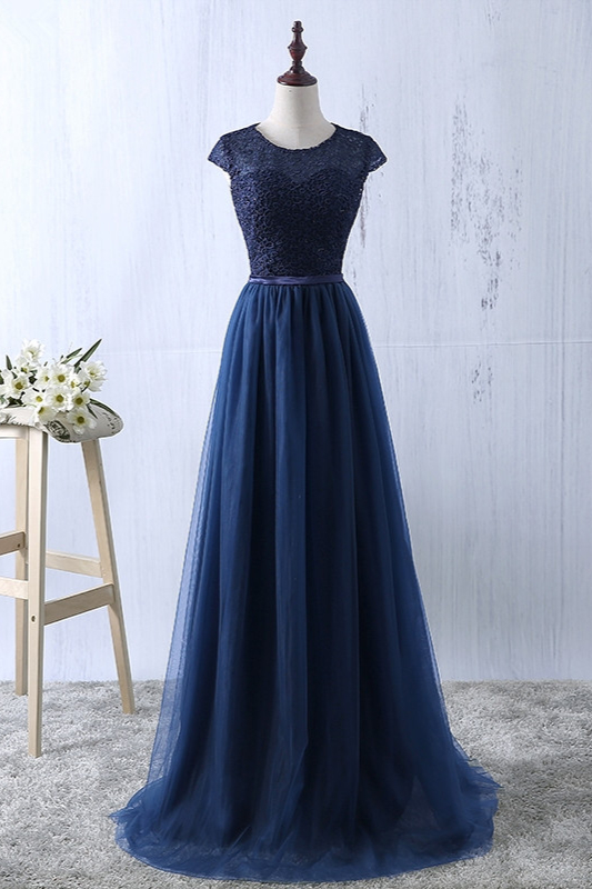 Gorgeous Cap Sleeves Lace Prom Dress Long Tulle Zipper Evening Gowns
