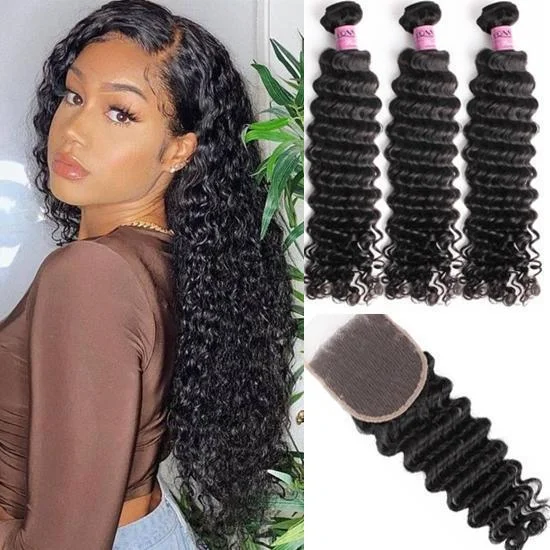 Free Shipping YVONNE Premium Deep Wave 3Bundles With 4x4 Lace Closure Baby Hair 