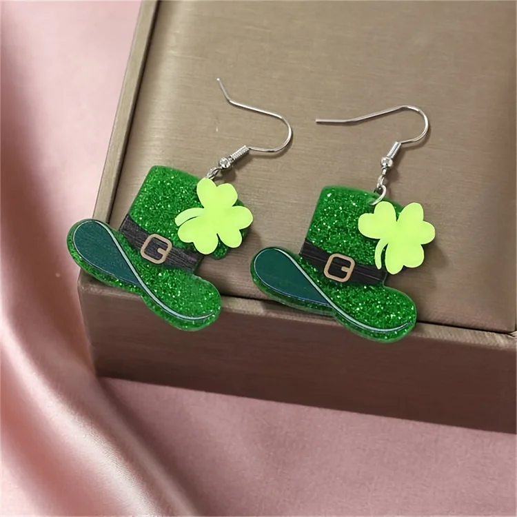 St. Patrick's Day Themed Hat With Clover Heart Earrings