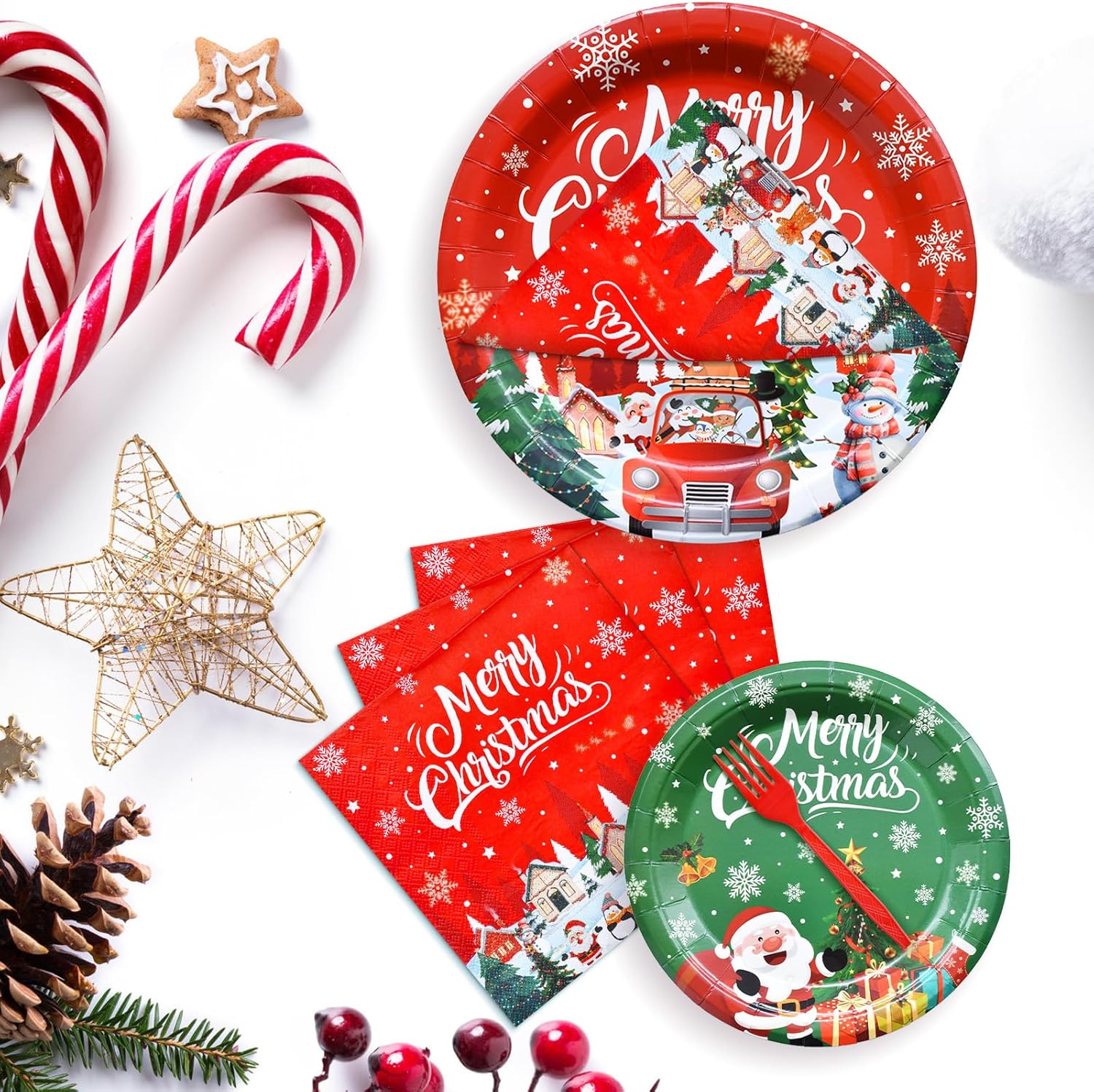 Tegooe 100-Piece Disposable Christmas Tableware Set Serves 25 Guests Paper Plates Napkins