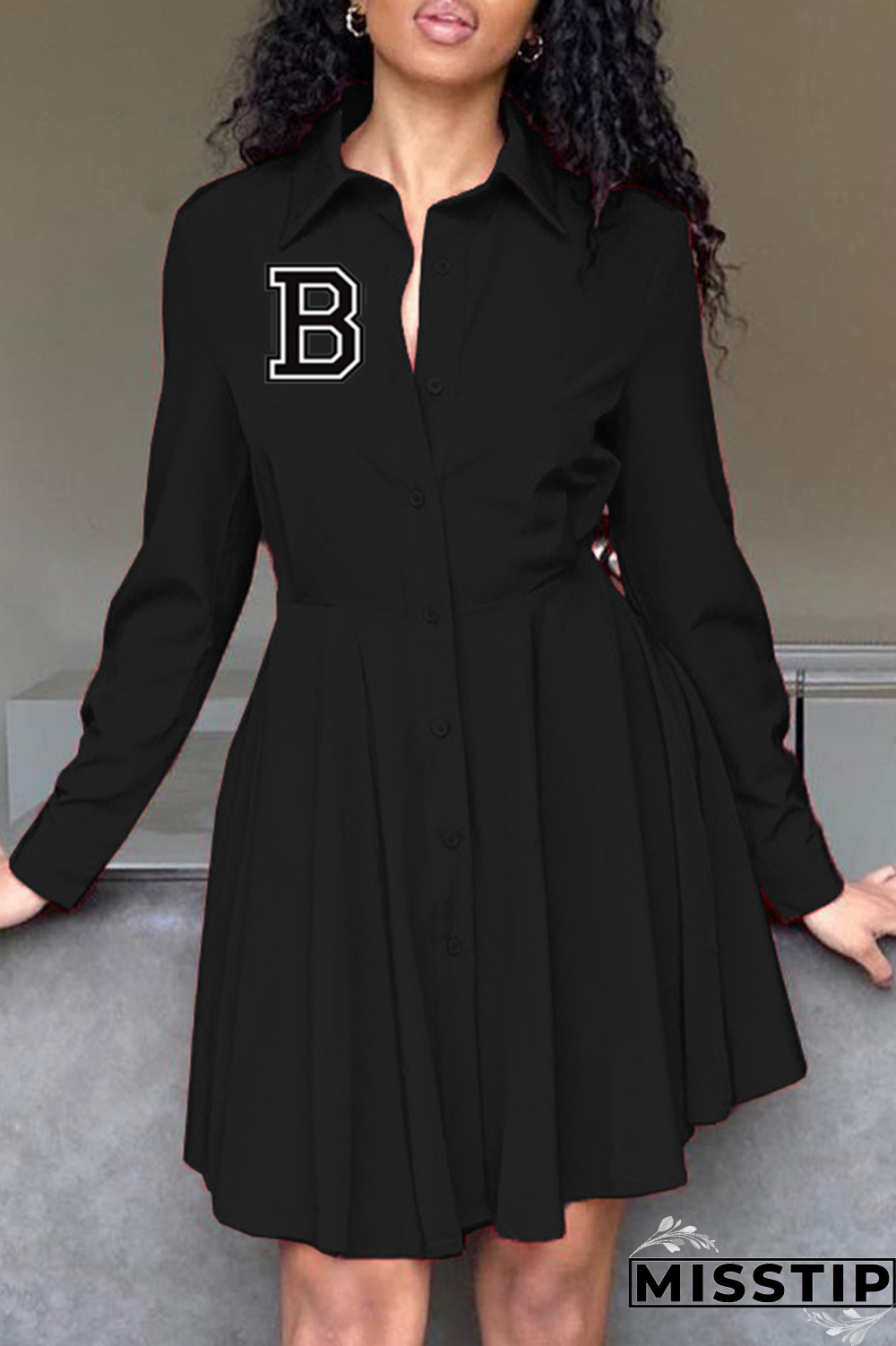 Black Fashion Print Patchwork Turndown Collar Shirt Dress Dresses