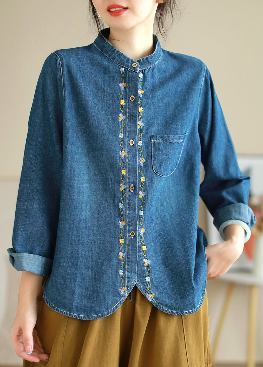 VCSHOES Loose Blue Embroidered Button Denim Shirts Long Sleeve