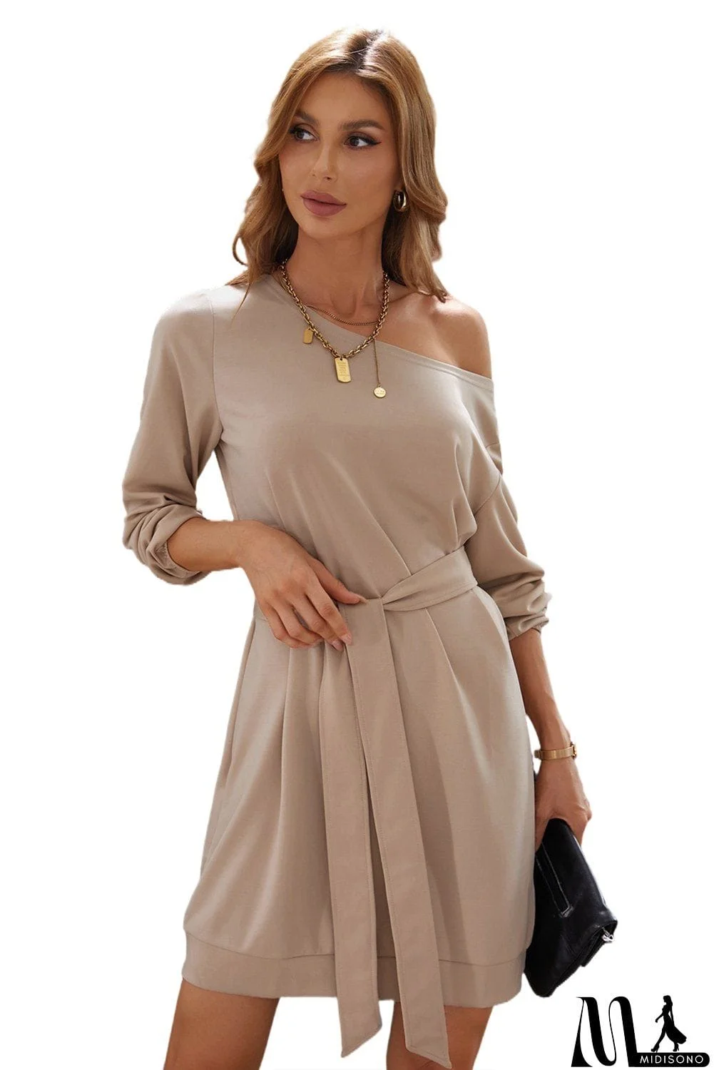 MidiSono - Khaki Crewneck Long Sleeve Belted Casual Mini Dress