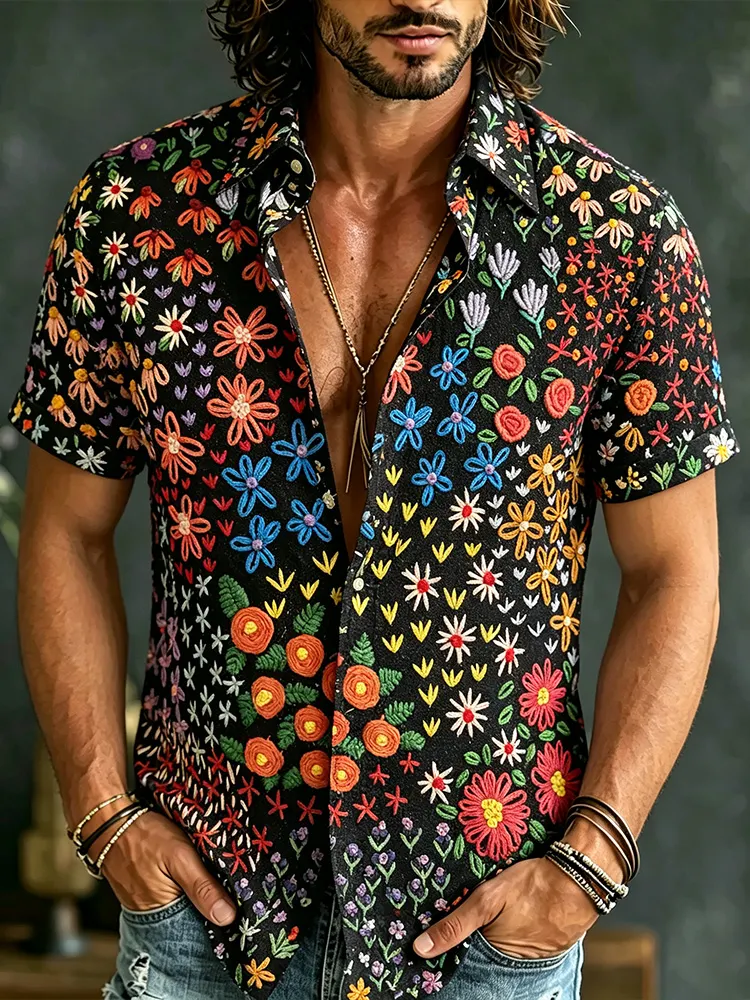Men's Colorful Floral Art Embroidered Linen Comfortable Short-sleeved Shirt