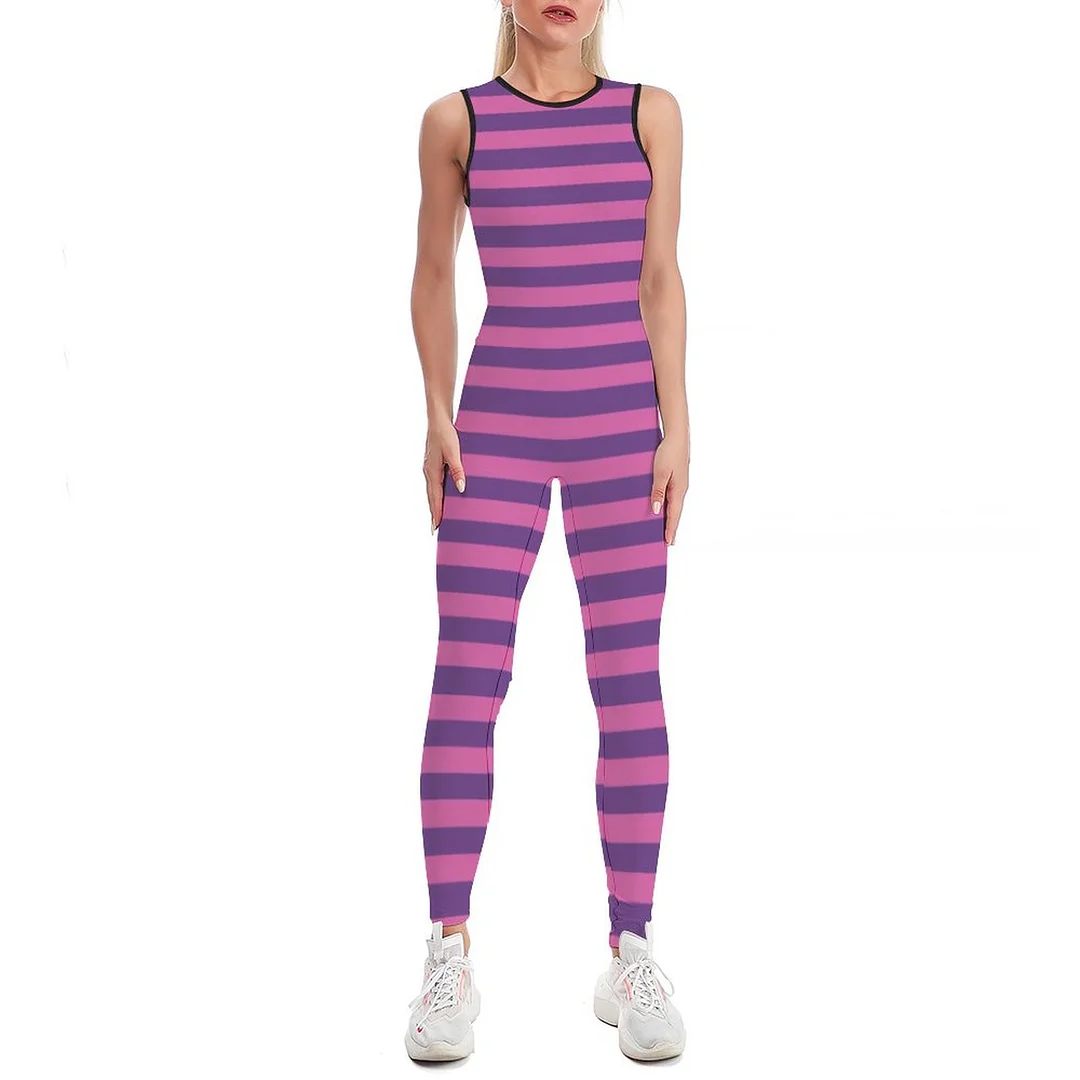 Pink Purple Lavender Striped Halloween Bodycon Tank One Piece Jumpsuits Long Pant Retro Yoga Rompers Playsuit for Women
