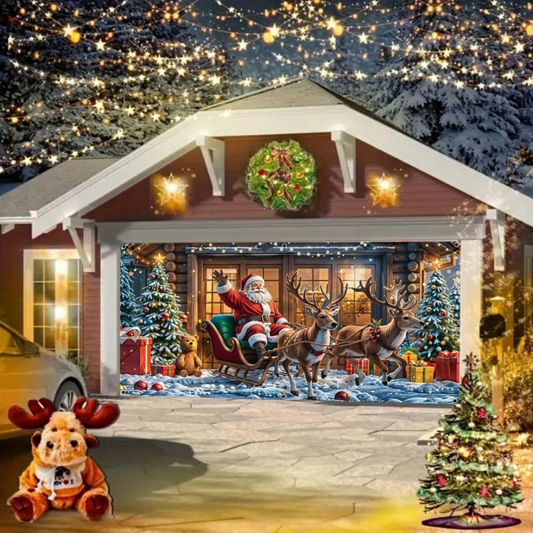 Tegooe Festive Christmas Garage Door Banner - Santa Sleigh Reindeer Holiday Decoration Multiple Sizes
