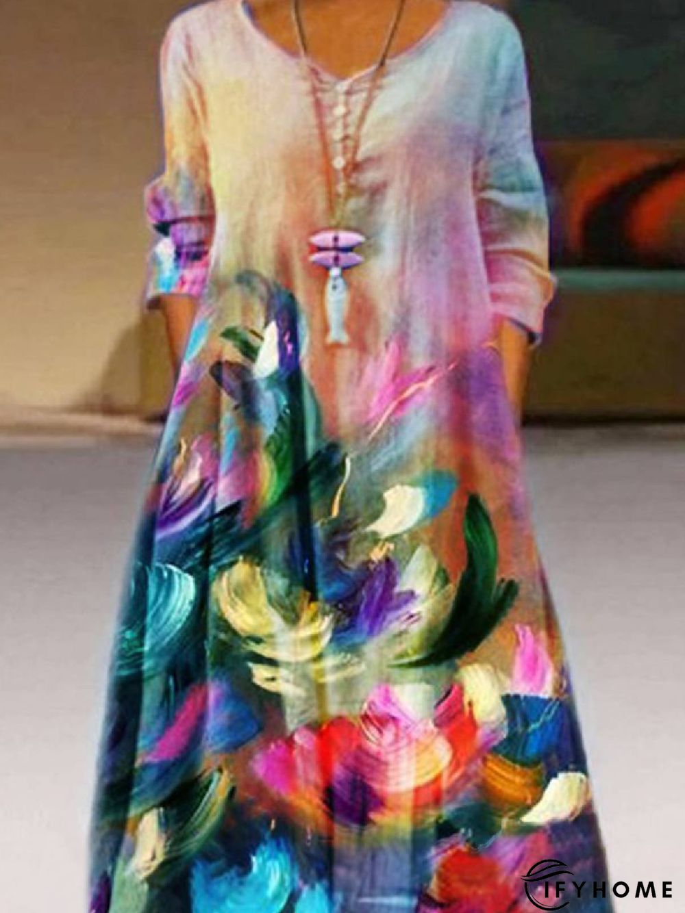 Casual 3/4 Sleeve Printed Weaving Dress | IFYHOME