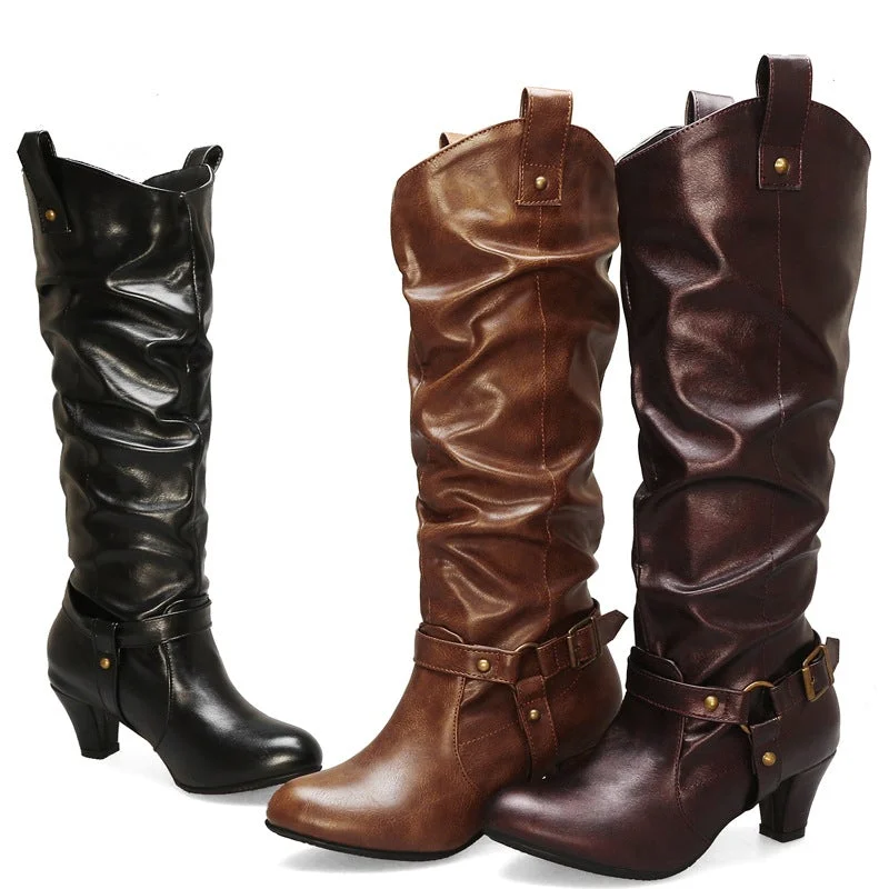 High Quality Woman Pleated Leather Vintage Boots