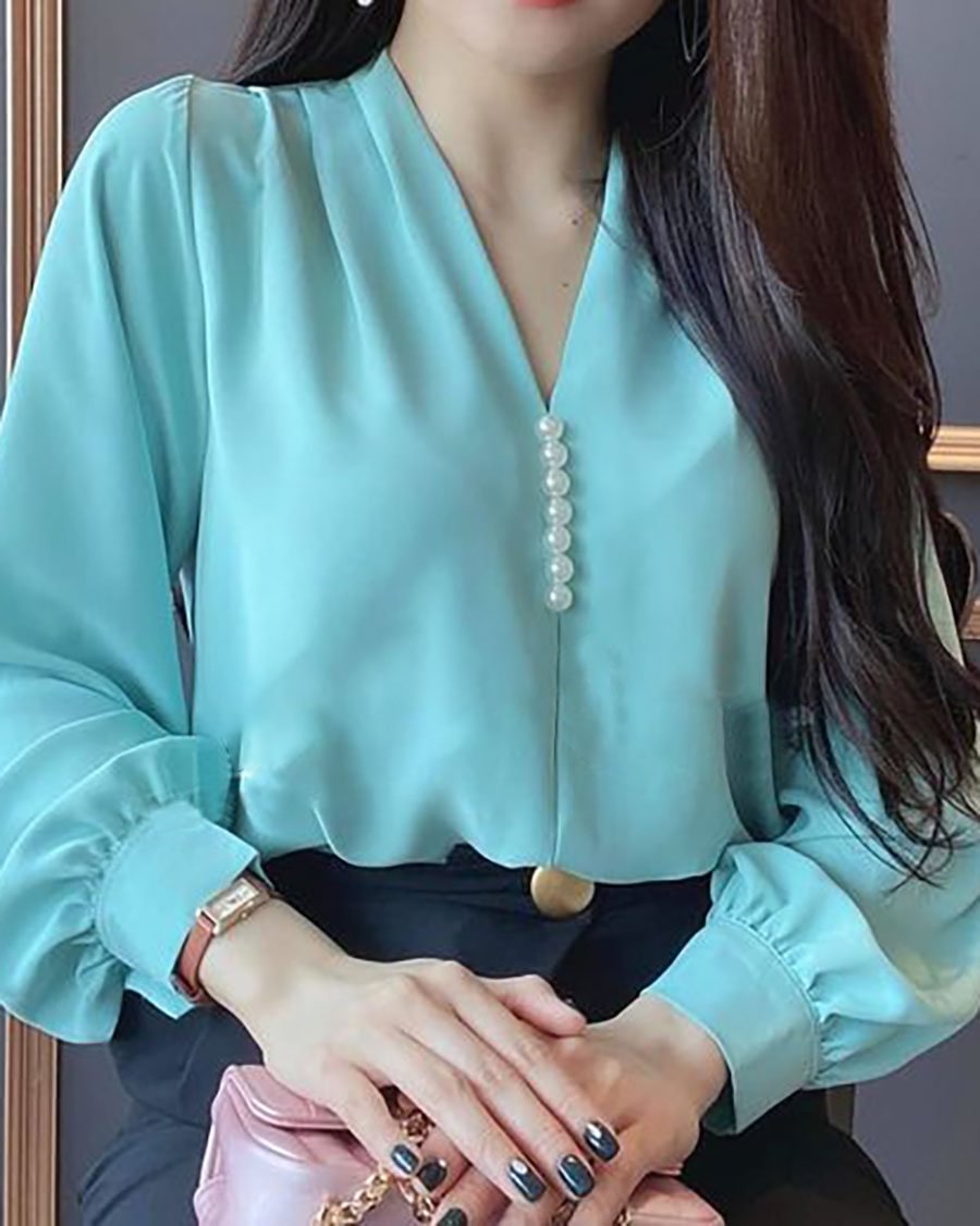 Versatile V-Neck Ladies Casual Long Sleeve Top