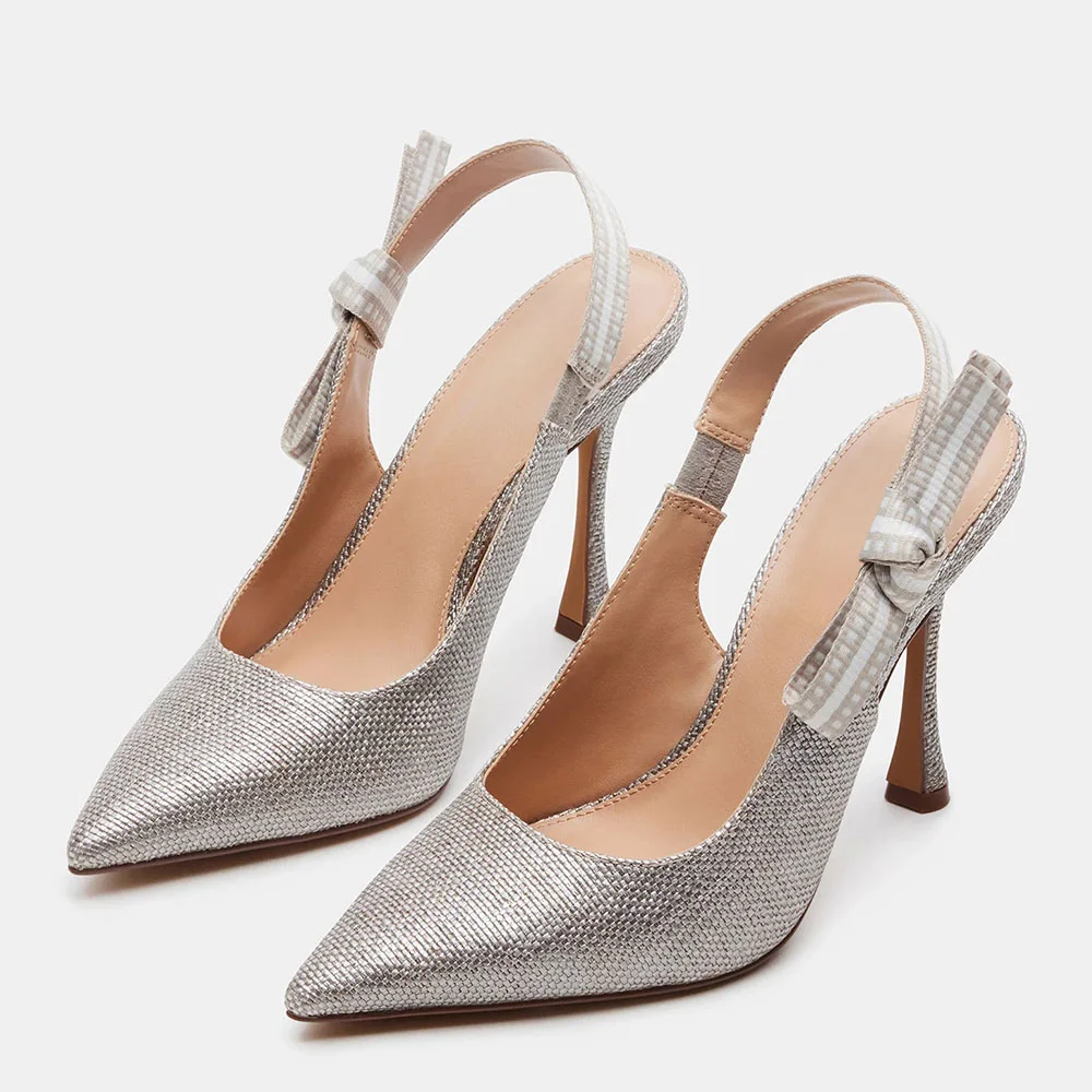 Fashion Glitter Closed Pointed Toe Bow Slingback Slip On Silver Pumps