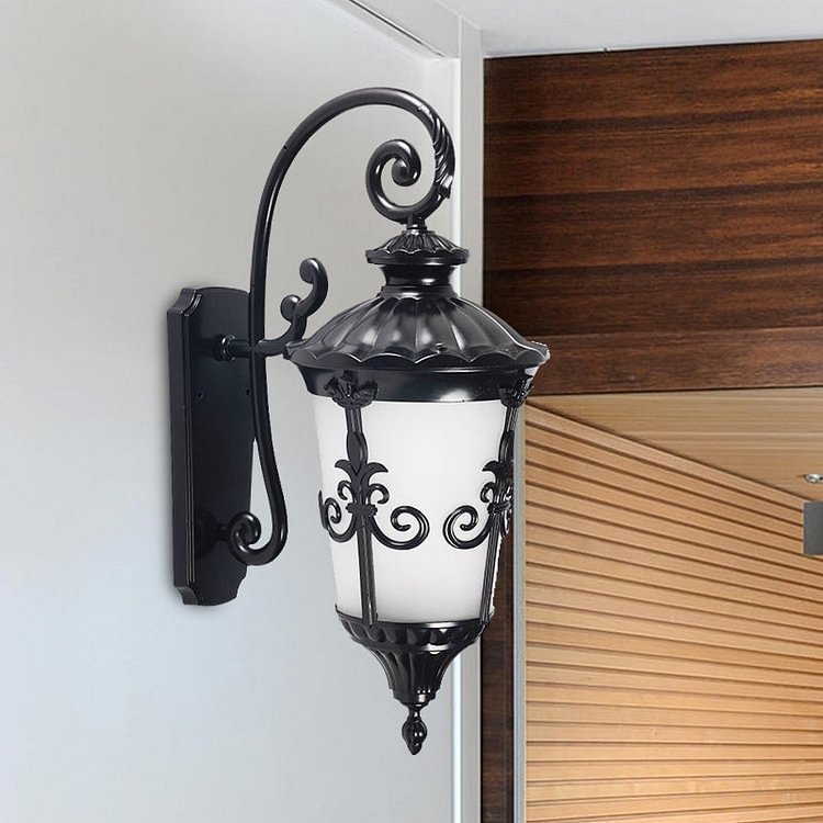 White Frosted Glass Urn Sconce Farmhouse 1 Light Balcony Wall Mounted Lamp in Black