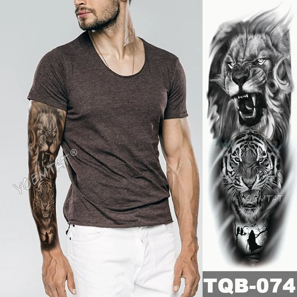 Large Arm Sleeve Tattoo Sketch Lion Tiger Waterproof Temporary Tatoo Sticker Wild Fierce Animal Men Full Bird Totem Tatto