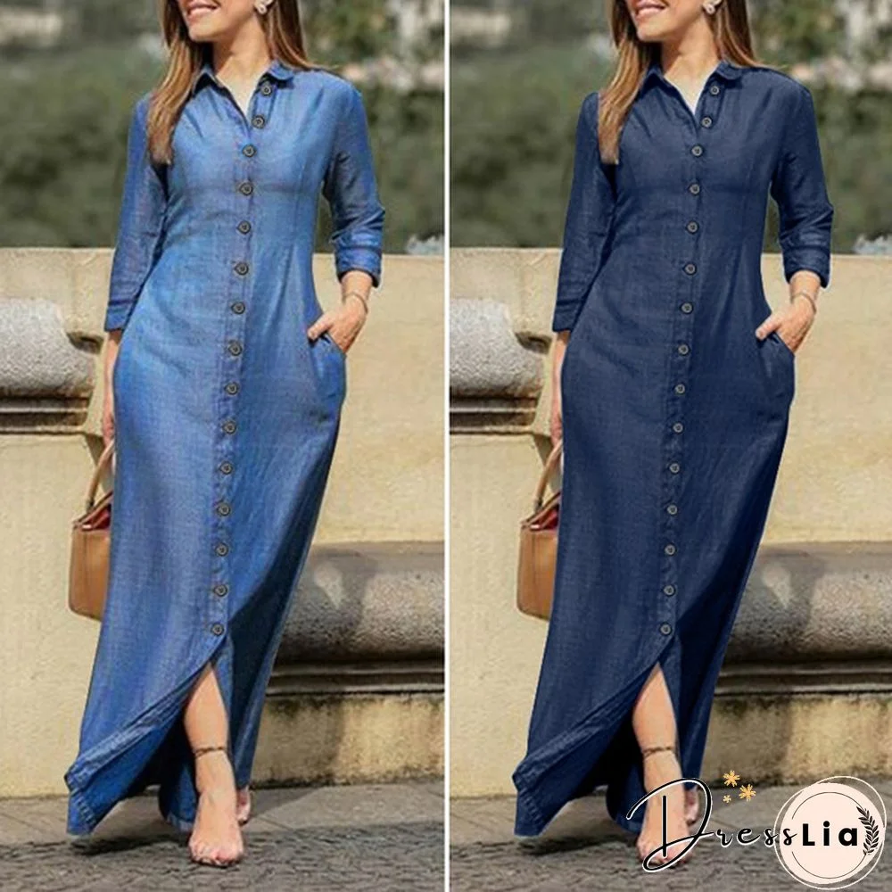 VONDA 3 Color Women Shirt Dress Spring Fall Long Sleeve Button Down Lapel Collar Midi Dress Plus Size Elegant Long Dress Kleid