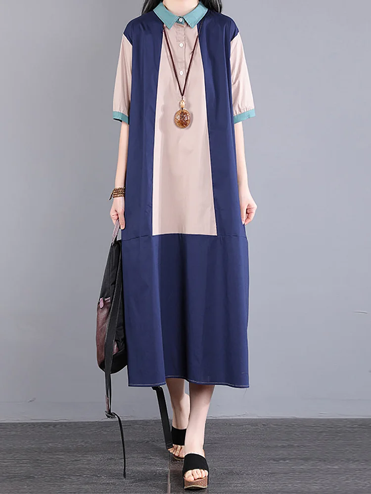 Women Summer Casual Spliced Button Pocket Loose Dress