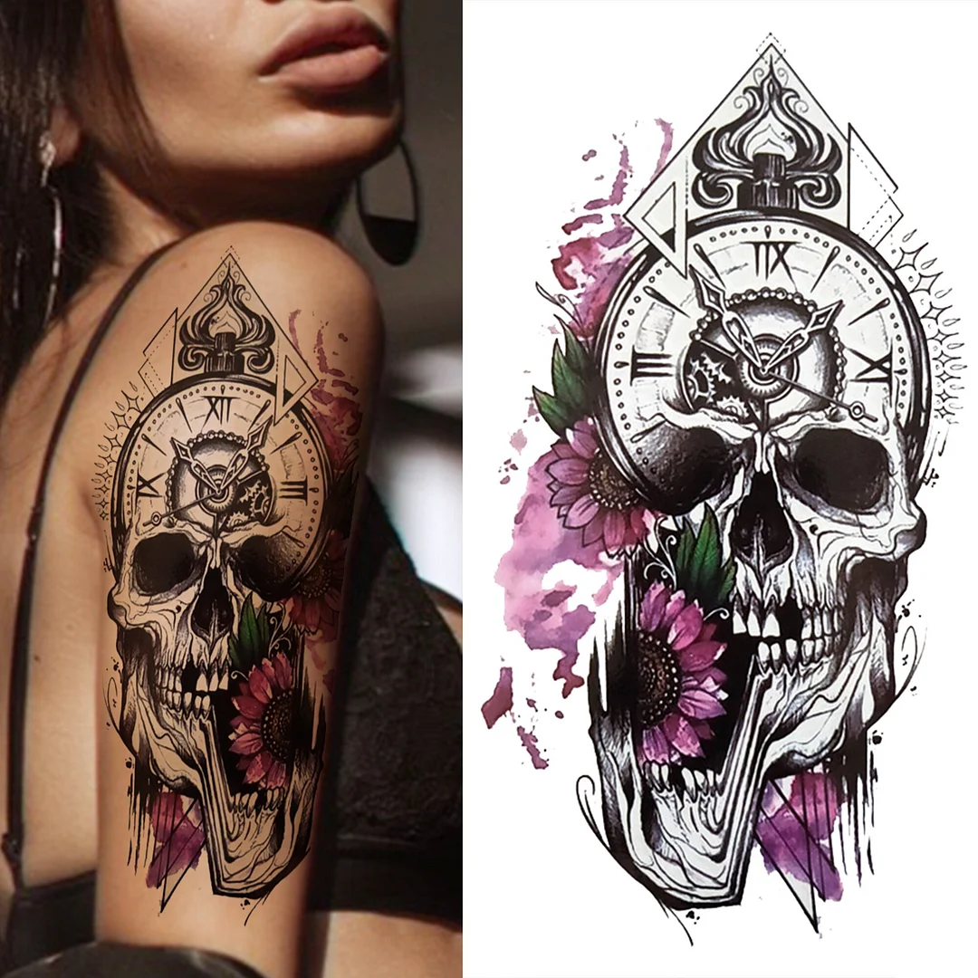Sdrawing Death Skull Snake Flower Temporary Tattoos For Women Men Adult Skeleton Fake Rose Tattoo Sticker Black Peony Body Tatoo