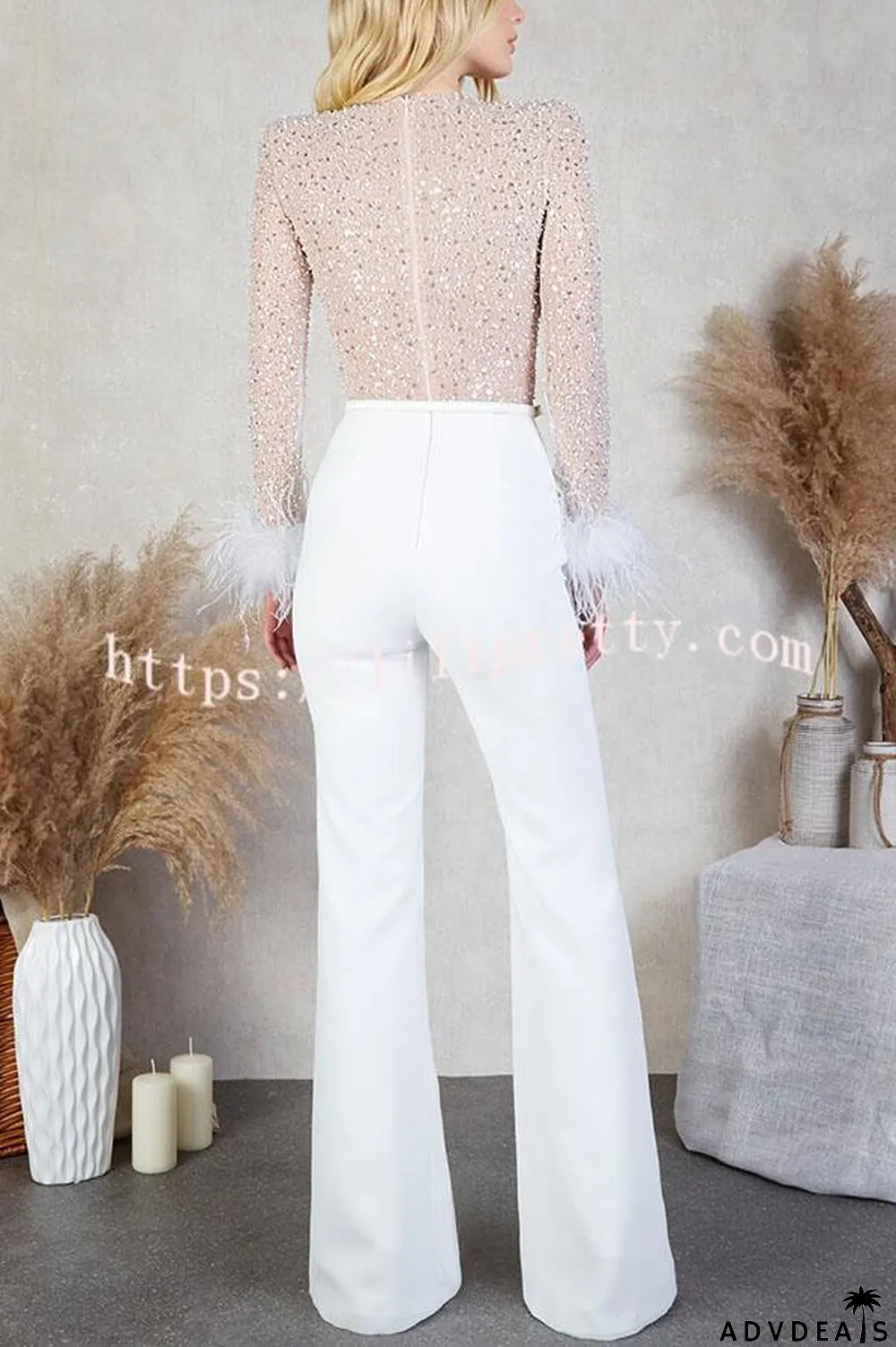 Ready for Vegas Feather Detail Trim Sequin Jumpsuit