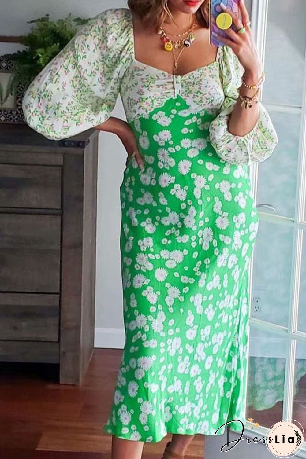 Vintage Elegant Floral Split Joint  Contrast V Neck Dresses