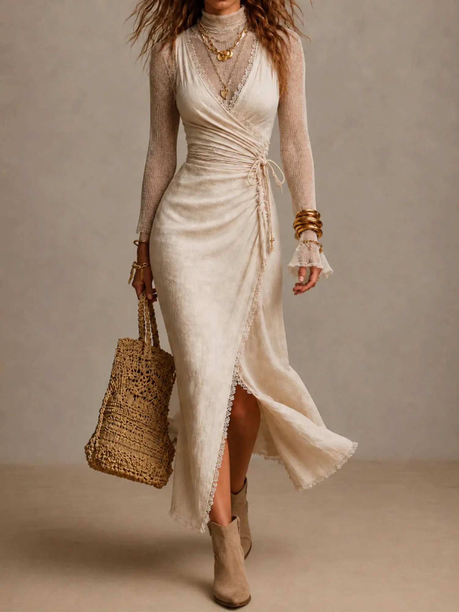 Perfect for a beach vacation &mdash; Women's off-white deep V-neck lace-trimmed frayed side-tie cotton-linen wrap dresses