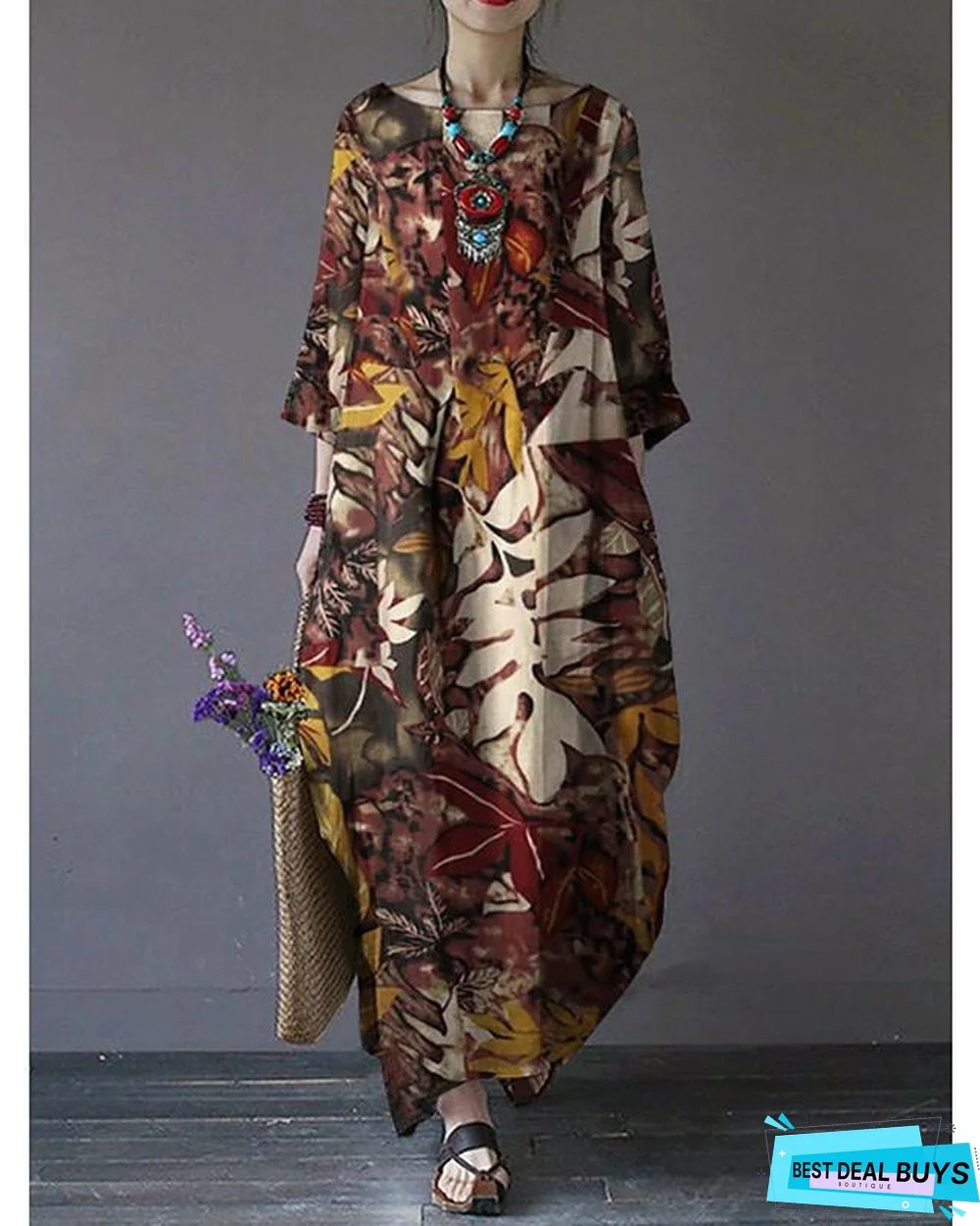 Women's Swing Dress Maxi Long Dress 3/4 Length Sleeve Print Fall Hot Vintage Chinoiserie Cotton Red Green Brown