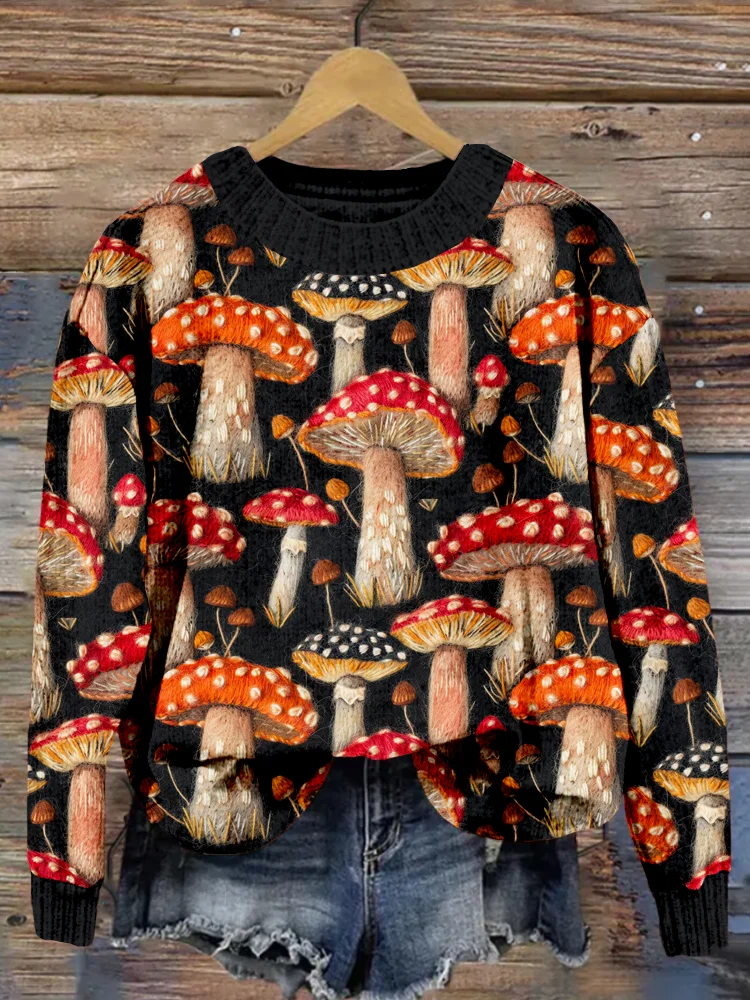 Comstylish Woolly Mushrooms Embroidery Art Cozy Sweater